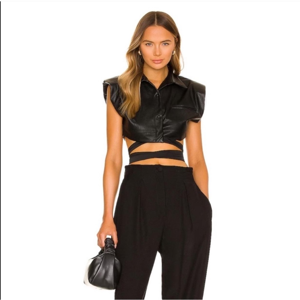 NONCHALANT Cinda crop top Black Faux Leather Shirt with Tie Belt size S